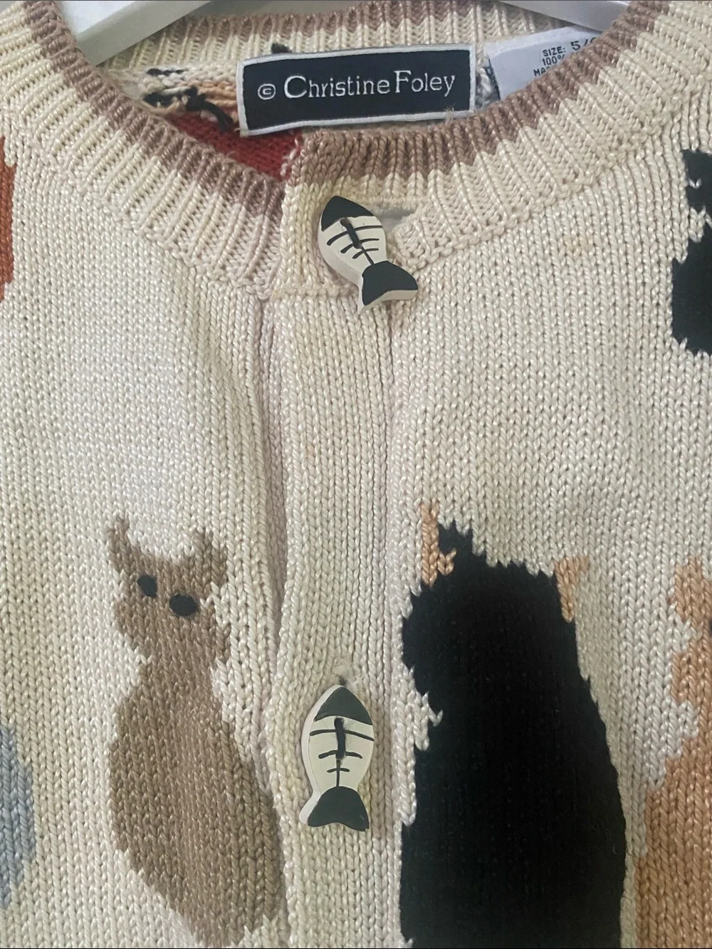 Vintage Christine Foley Cat print knit Cardigan fish buttons size 5/6
